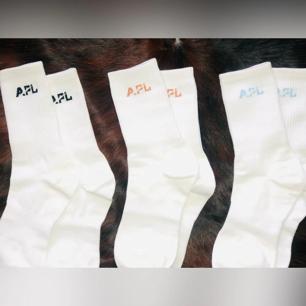 APL UNISEX White Crew Socks with Multicolor Logos 3/$30